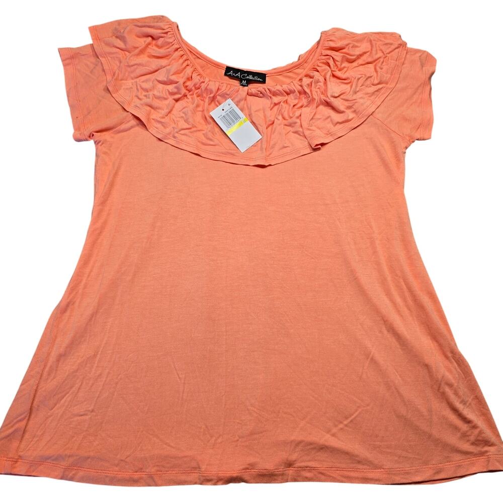 A+A Collection Orange Shirt NEW Ruffled Tee Short Sleeve Scoop Neck Women Size M